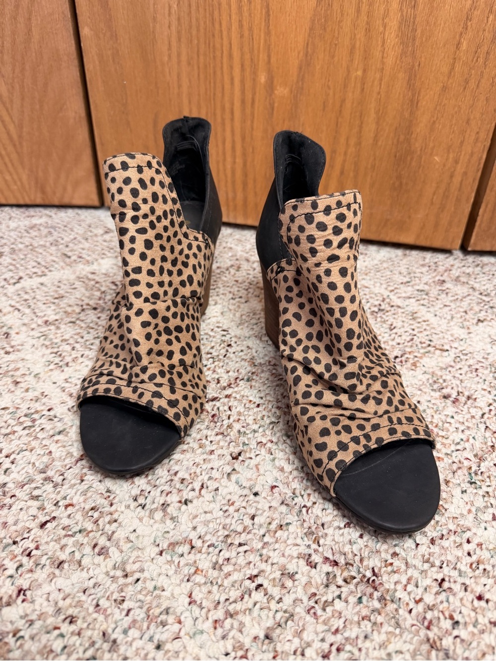 Madeline Leopard-Print Open-Toe Booties in Tan and Black